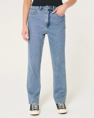 Jean droit taille ultra haute, délavage moyen, style années 90