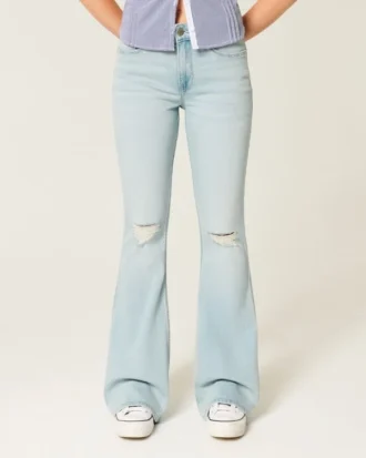 Jean flare taille haute délavé clair déchiré
