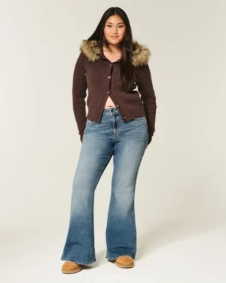 jean flare taille haute délavé foncé