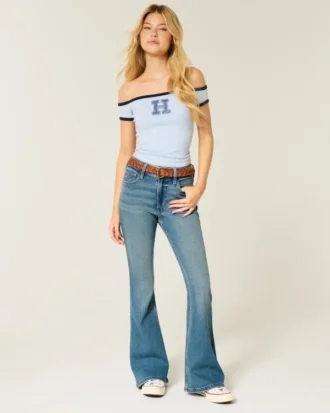 Jean flare taille haute délavage moyen