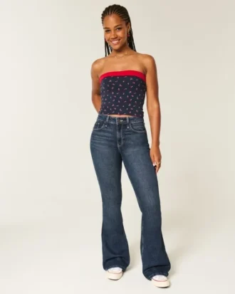 Jean flare taille haute foncé à coupe ajustée
