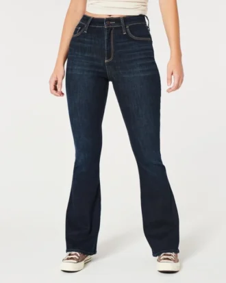 Jean flare taille haute foncé à coupe ajustée Jean flare taille haute foncé à coupe ajustée