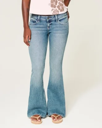 Jean flare taille ultra basse, délavage moyen