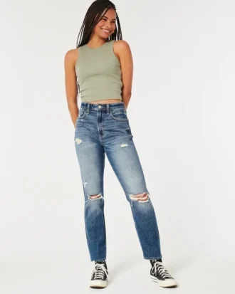 Jean mom ultra taille haute déchiré délavage moyen