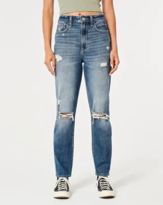 Jean mom ultra taille haute déchiré délavage moyen