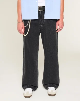 Jean super baggy noir délavé à motif étoile