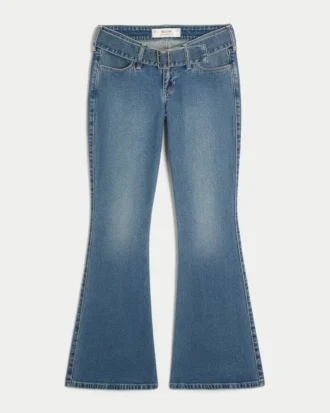 Jean évasé à taille ultra basse et ceinture, délavage foncé Jean évasé à taille ultra basse et ceinture, délavage foncé