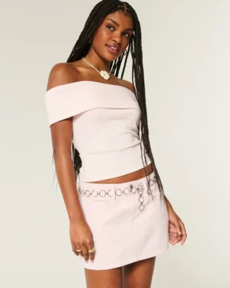 Mini-jupe-short en denim rose taille basse