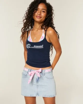 Mini-jupe-short en denim à taille basse et nouée