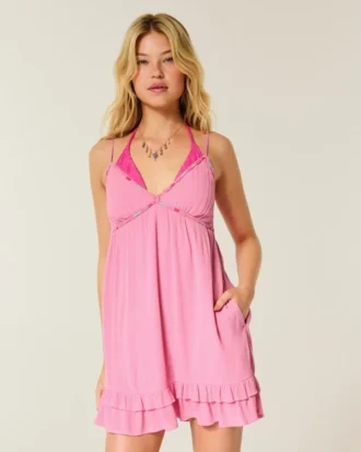 Mini-robe babydoll à bordure en corde