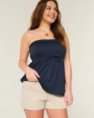 Mini-short kaki en sergé à taille ultra basse