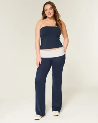 Pantalon évasé en tricot à taille repliée Pantalon évasé en tricot à taille repliée