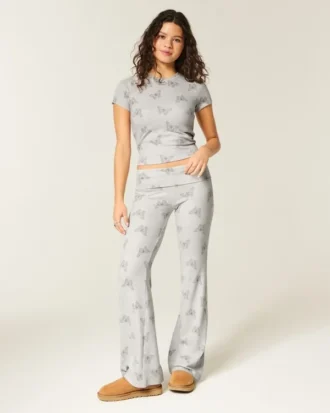 Pantalon évasé à taille repliable en tricot toujours confortable Pantalon évasé à taille repliable en tricot toujours confortable