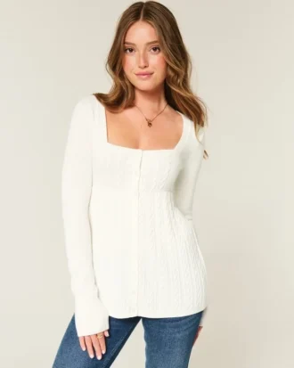 Pull babydoll à manches longues et encolure carrée