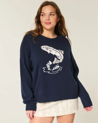 Pull à col rond avec motif poisson sautant