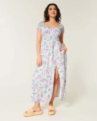 Robe longue à manches courtes et dos nu