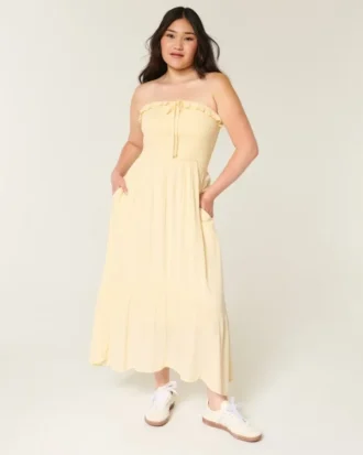 Robe longue sans bretelles à smocks