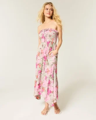 Robe longue sans bretelles à smocks