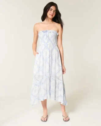 Robe longue sans bretelles à smocks