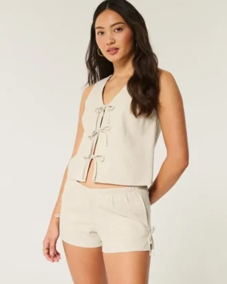 Short doux à nœud sur le côté en mélange de lin