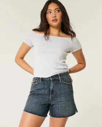 Short en denim décontracté taille haute, coupe ajustée, délavage foncé, 5 pouces