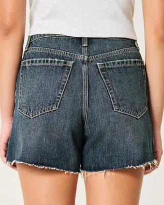 Short en denim décontracté taille haute, coupe ajustée, délavage foncé, 5 pouces