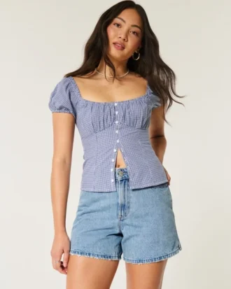 Short en denim décontracté taille haute, coupe ample, délavage moyen, 5 pouces Short en denim décontracté taille haute, coupe ample, délavage moyen, 5 pouces