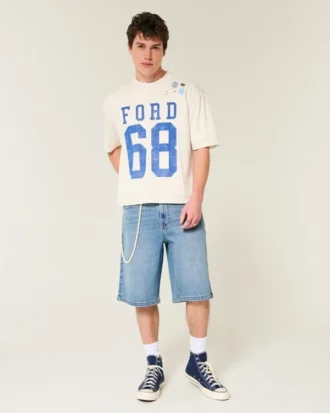 Short en denim super ample, délavage moyen, longueur sous le genou