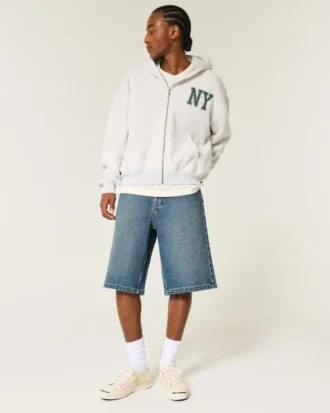 Short en denim super baggy délavé foncé, longueur sous le genou