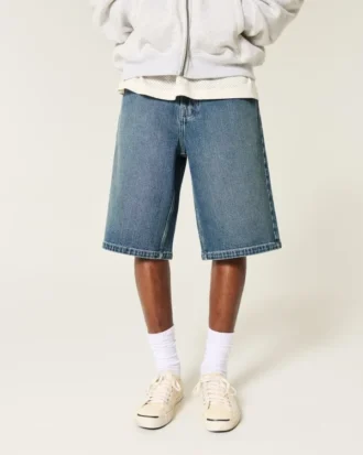 Short en denim super baggy délavé foncé, longueur sous le genou