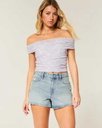 Short en jean A-line taille haute délavé et vieilli