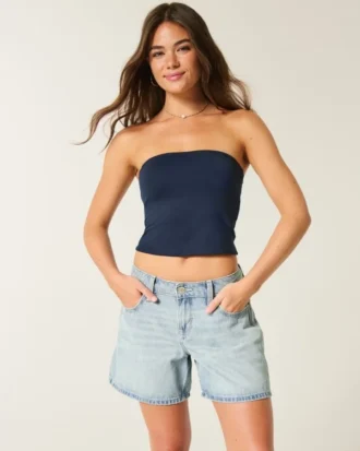Short en jean baggy taille basse délavé clair à revers 5″ Short en jean baggy taille basse délavé clair à revers 5″