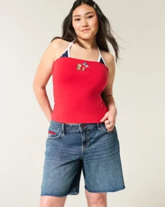 Short en jean baggy taille basse délavé foncé avec motif drapeau américain
