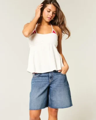 Short en jean baggy taille basse délavé foncé avec motif drapeau américain
