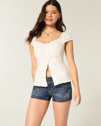 Short en jean brodé taille basse délavé foncé