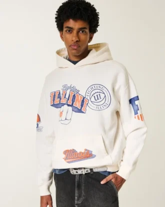 Sweat à capuche carré avec motif Fighting Illini de l&rsquo;université de l&rsquo;Illinois