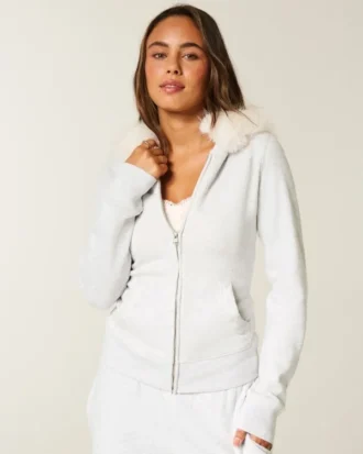 Sweat à capuche zippé avec bordure en fausse fourrure Sweat à capuche zippé avec bordure en fausse fourrure