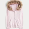 Sweat à capuche zippé avec bordure en fausse fourrure Sweat à capuche zippé avec bordure en fausse fourrure