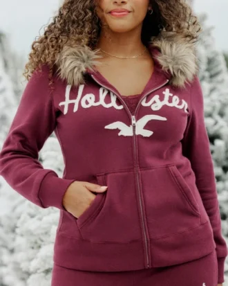 Sweat à capuche zippé avec logo graphique et bordure en fausse fourrure
