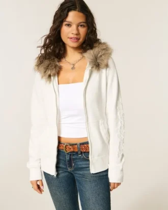 Sweat à capuche zippé avec logo graphique et bordure en fausse fourrure