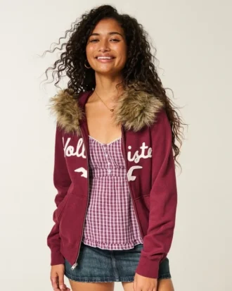Sweat à capuche zippé avec logo graphique et bordure en fausse fourrure
