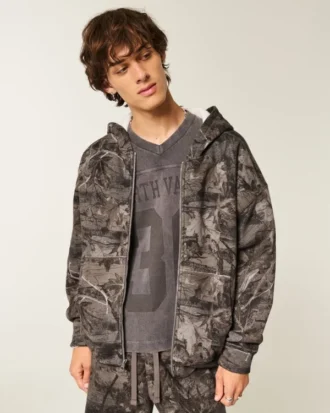Sweat à capuche zippé camouflage à doublure thermique et coupe carrée
