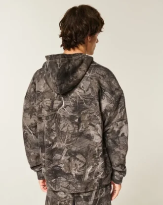 Sweat à capuche zippé camouflage à doublure thermique et coupe carrée