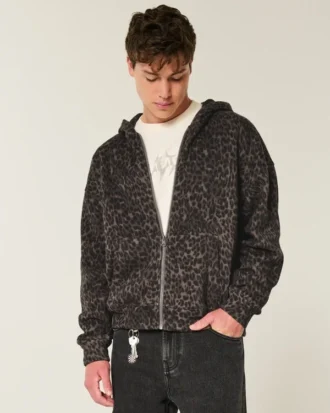 Sweat à capuche zippé carré imprimé léopard