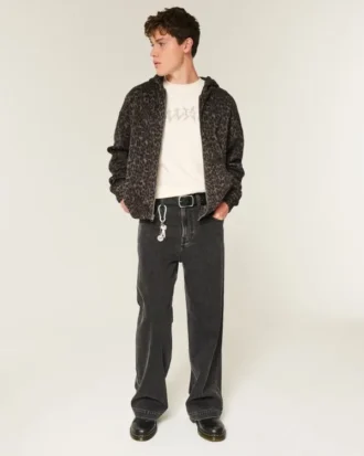 Sweat à capuche zippé carré imprimé léopard