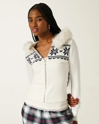 Sweat à capuche zippé Fair Isle avec bordure en fausse fourrure Sweat à capuche zippé Fair Isle avec bordure en fausse fourrure