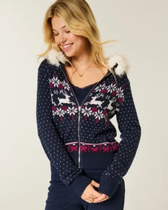 Sweat à capuche zippé Fair Isle avec bordure en fausse fourrure