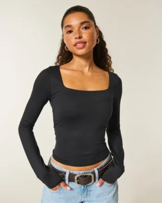 T-shirt bébé à manches longues, sans coutures, en tissu, à encolure carrée
