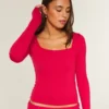 T-shirt bébé à manches longues, sans coutures, en tissu, à encolure carrée
