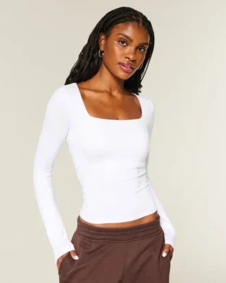 T-shirt bébé à manches longues, sans coutures, en tissu, à encolure carrée